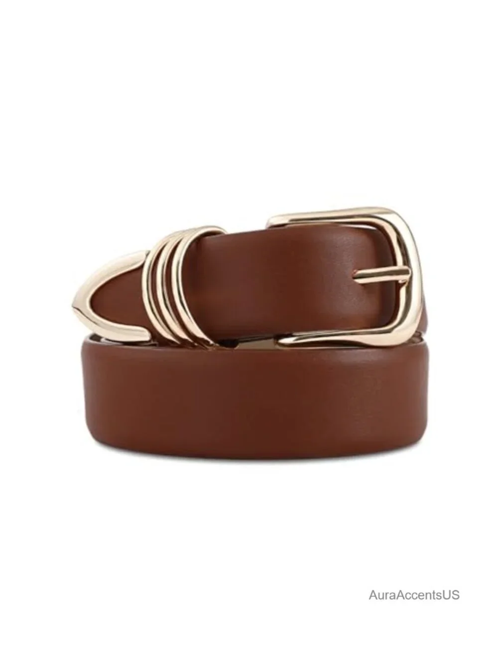 Women's Faux Leather Belt with Gold Buckle - Formal Waist Belt